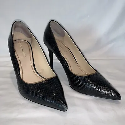 Zara Basics Stiletto Sz 38 / 7.5 Black Snakeskin Pumps High Heels Wedding Shoes • $19.99