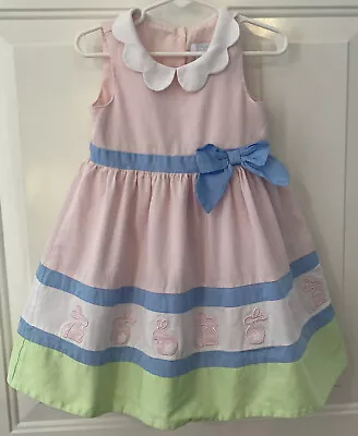 Maggie And Zoe Girls 3T Pink White Blue & Green Lined Bunny Rabbit Dress BB3 • $14