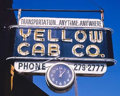 8x10 Vintage Color Photo Of The  Yellow Cab Co. Sign W/ Clock Saint Joseph MO. • $6.99