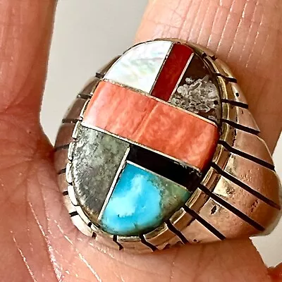 Turquoise Multi Stone Inlay Mens Ring Sz 13 Signed Jack Oval Navajo Sterling • $109.94