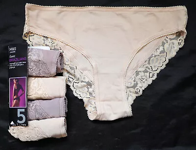 M & S Pack 5 Brazilian  Briefs Size  12  Cotton/ Lycra Lace Almond  Mark Spencer • £10.99