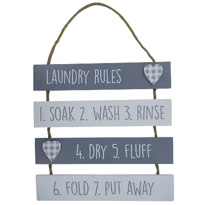 Plaque Laundry Rules Soak Wash Rinse Dry Fluff Grey & White Wooden Wall Sign • £7.99