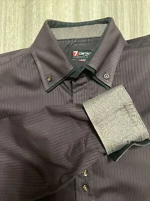 7Camicie Men’s Plum Pin Stripe Slim Fit Button Down Dress Shirt Size L • $18.99