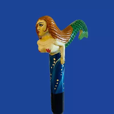 Vintage Mermaid Siren Walking Stick Wood Cane American Folk Art Painted Handmade • $50.97