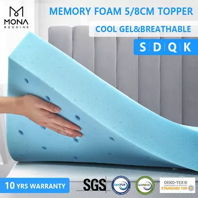 Mona Memory Foam Mattress Topper 5/8cm Cool Gel Queen Bed Bamboo Cover Underlay • $78.99