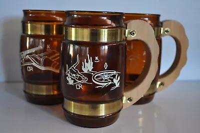 Vintage Siesta Ware Amber Brown Barrel Glass Beer Mug Wood Handle Western Set 3 • $20
