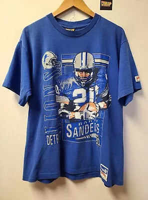 Vtg 90s Barry Sanders Stat Card T Shirt L Nutmeg Detroit Lions NFL Football • $95.99