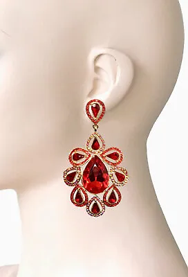 3.75  Long Red AB Crystal Rhinestone Statement Evening Clip-On Earring Pageant • $23.75