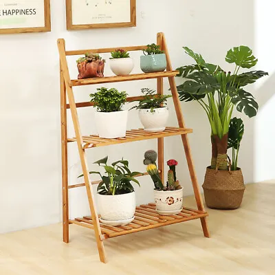 Bamboo Wooden Shelf Plant Stand Foldabl Leaning Ladder Storage Florist Display • £23.95