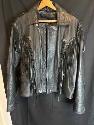 Vintage Men's Hudson Fringe Leather Motorcycle Jacket Black 44L Western Biker • $99