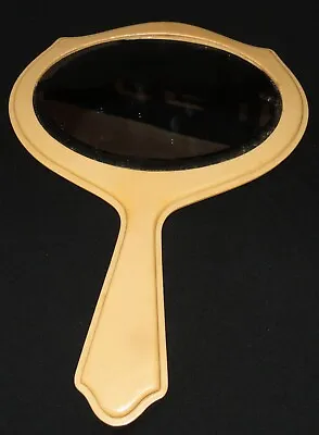 VINTAGE Hand Held BEVEL GLASS Oval Mirror Ivory Colored Celluloid DECO Vanity • $12.95