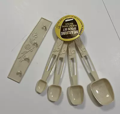 Vintage Plastic Measuring Spoon Set With Wall Rack Floral 4 Sizes Almond Beige • $12