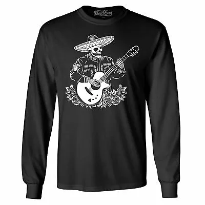Mariachi Skeleton Guitar Long Sleeve Day Of The Dead Halloween Shirts • $21.41