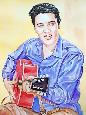 11.69 × 15.75  Elvis Presley With A Quitar Watercolor SIGNED And DATED • $50