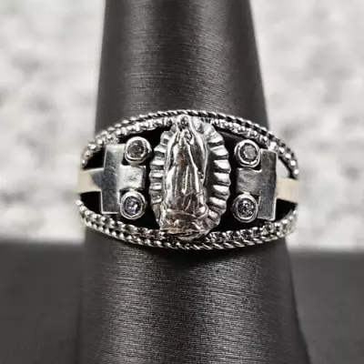 Sterling Silver Mother Mary Cross Diamond Band Ring Signed SYK Size 10 3.54g • $45