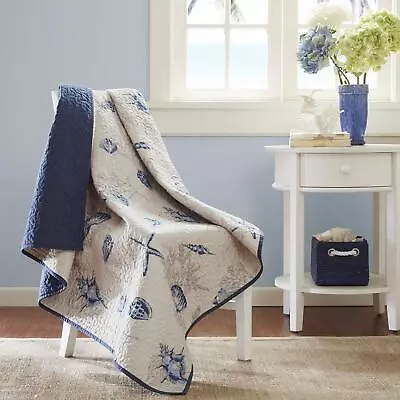 Bayside Luxury Oversized Quilted Throw Ivory Navy Blue 60x70 Coastal Premium ... • $38.74