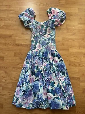 VTG Floral BOW Dress 80s Stretch Drop Waist Marked 9/10 Fits Size M Women’s • $29