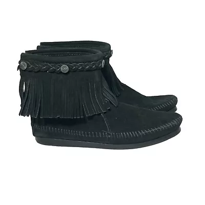 Minnetonka Black Suede Fringe Boots Size 8 Leather Hobo Back Zip • $29.89