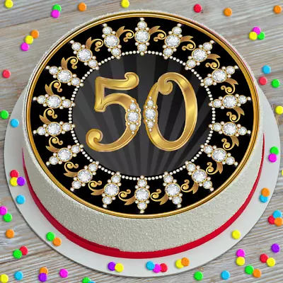 Precut Edible Icing 7.5 Inch Round Cake Topper Black And Gold 50th Birthday Z10 • £4.99