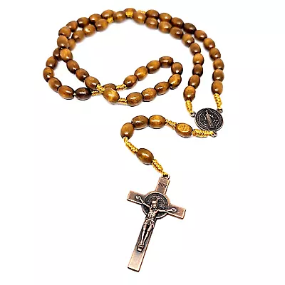 Rosary Bead Crucifix Necklace Light Wood Tone Saint Benedict Catholic Jewellery • £6.95
