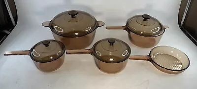 Vintage 9 Piece Amber Visions Corning Ware Cookware Pots Pans And Lids VGC • $139.99