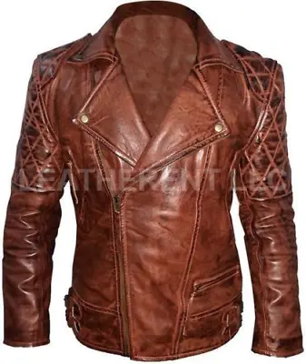 Mens Diamond Quilted Classic Biker Distressed Brown Genuine Leather Jacket Sale • $134.98