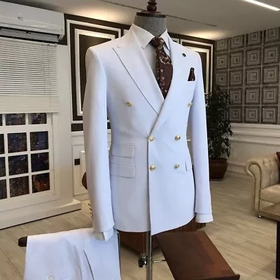 Men White Double Breasted Formal Business Party Prom Groom Tuxedo Wedding Suit • $80.96