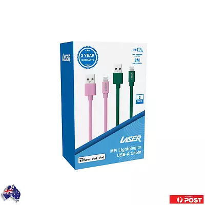 Laser MFi 2m Lightning Cable 2 Pack Pink/Green • $19.99