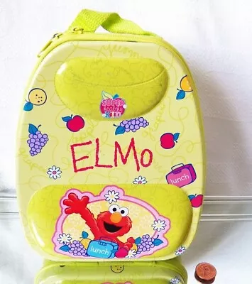 Sesame Street Elmo Lunch Box Tin Case Green Metal Backpack Tote Purse Tin Box Co • $4.60