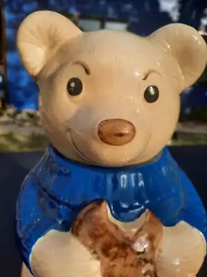 Vtg Metlox Pottery Cookie Jar Teddy Bear Blue Sweater 11.5  Eating Cookie USA • $21.50