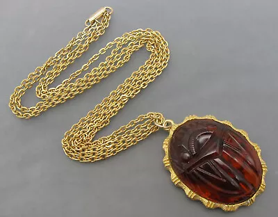 Vintage Large Chunky Tortoise Shell Lucite Scarab Gold Tone Pendant Necklace • $45