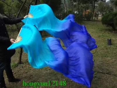 £16.68 • Buy 100% Silk Blue/dark Blue Belly Dance Fan Veil 1 Pair(left+right) 1.5m 1.8m Long