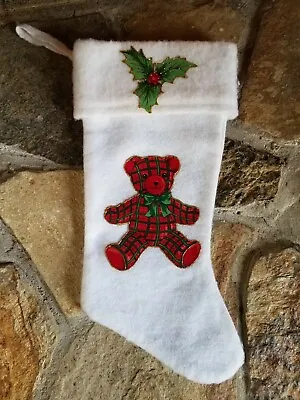 Vintage White Felt Christmas Stocking Applique Plaid Teddy Bear Holly 18  • $11.99