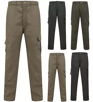 Mens Trousers Cargo Combat Walking Work Multi Action Pockets Cotton Black  NEW • £14.95