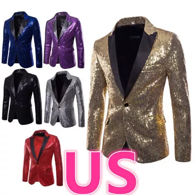 US Men's Sequin Blazer One Button Jacket Tuxedo Suit Party Wedding Banquet Prom • $31.88