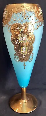 Large 15” Tall Vintage Venetian Blue Opaline Glass Vase Gold Encrusted & Floral • $149.99