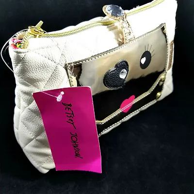 Betsey Johnson Cosmetic Bag Clutch Cream Color Golden Robot Face NWT • $24.99