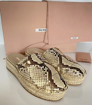 NIB MIU MIU Women's Beige Snake Print Leather Espadrille Mules 9 US 5S787C • $237.99