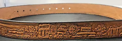 Vintage Tooled Leather Belt Trucker Highway Diner Scene Snap Buckle 1970's • $35