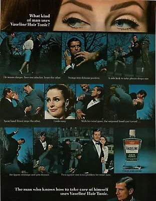 1966 VASELINE Hair Tonic Manly Man Gets Mugged Uses Karate Vintage Print Ad • $8.95