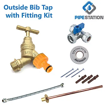 Outside Tap Kit Garden Hose Fitting Set Tap + Wallplate + PTFE + Connector +Flex • £4.99