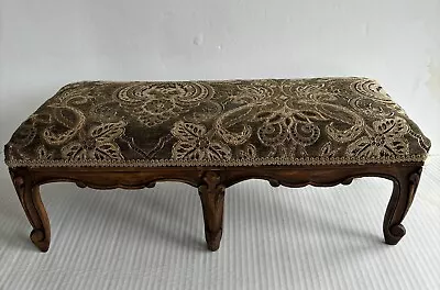 Antique Belgium Carved Wooden Footstool New Upholstered Seat Old Paper Label • $224.99