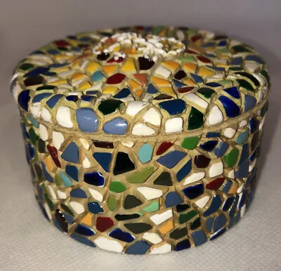 Barcino Mosaic Hand Painted Trinket Box Round Multicolored • $20