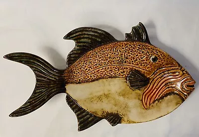 Pier 1 Figural Fish Serving Plate Platter Hand Painted 12” Green Fins Ceramic  • $18.98