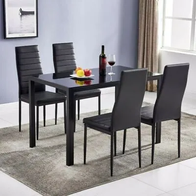 Set Of 4 Leather Dining Chairs Kitchen With Cushion And High Back Metal Legs • $78.99