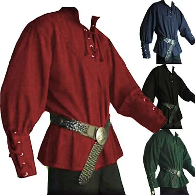 Men Medieval Renaissance Shirts Viking Pirate Performance Cosplay Costume Tops • £3.75