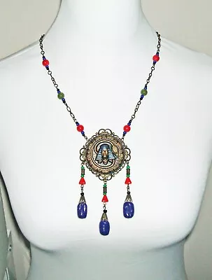 EGYPTIAN REVIVAL NECKLACE Vintage Czech Glass Beads PHARAOH SERPENT FIGURAL • $24.95