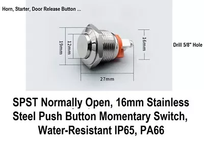 Horn Starter SPST Normally Open 16mm 5/8  Stainless Steel Push Button Momentary • $6.98