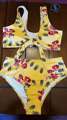 Zaful Bikini 2 Piece Bathing Suit Yellow Floral Tie Front Size 8 New With Tags • $16.99