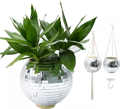 Disco Ball Planter 8  Silver Disco Ball Plant Hanger W/ Rope Chain Circle • $16.92